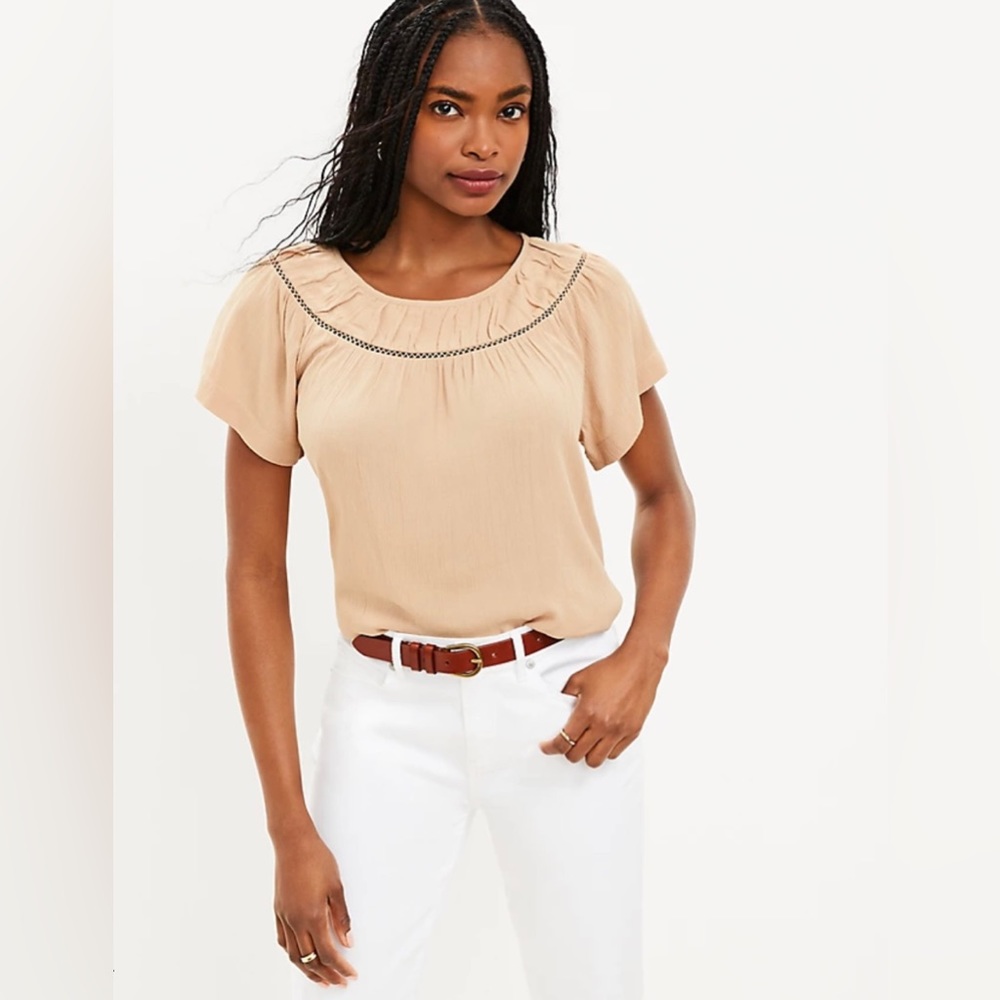 LOFT Cutout Yoke Flutter Sleeve Mixed Media Top - Picture 1 of 6